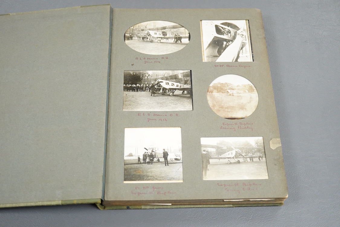 Aviation interest; an early 20th century photograph album containing a number of views of early aircraft and cars, including; the aviator Reginald Marix flying a Sopwith Camel to Radley College in 1914, early cars at Hen